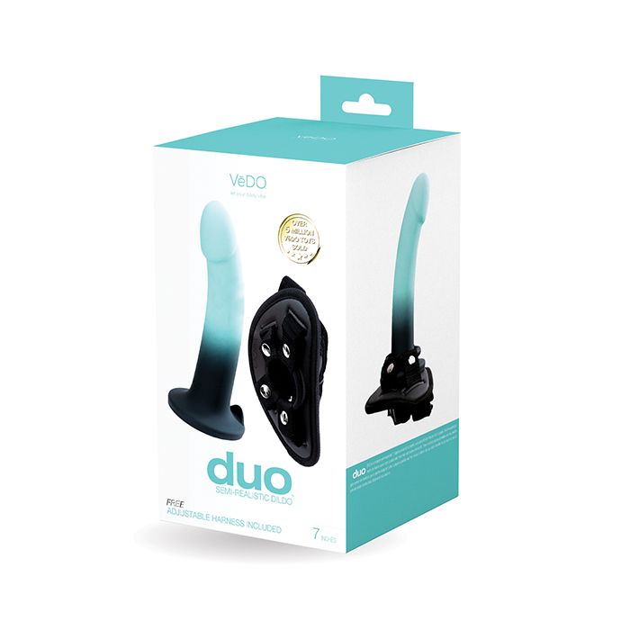 VeDO Duo Silicone Dildo w/Harness - Turquoise/Black